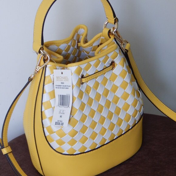Michael Kors REED Medium Drawstring Belted Intertwined Yellow Bucket Bag NWT - Picture 7 of 12